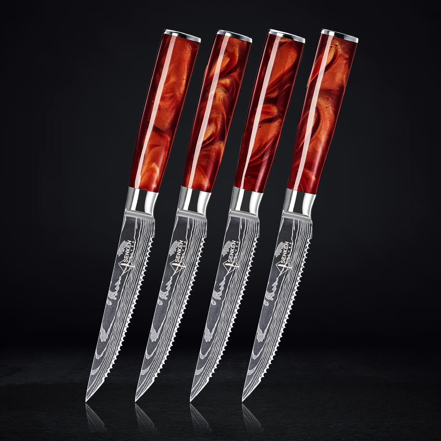 4-Piece Senken Knives Crimson Steak Knife Set Red Resin Handle Damascus Pattern