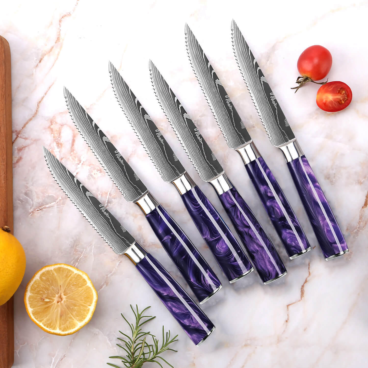 6 Purple Handle Steak Knives on Kitchen Counter