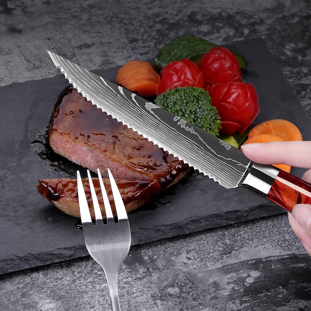 6-Piece Senken Knives Crimson Steak Knife Set Red Resin Handle Damascus Pattern Cutting Meat