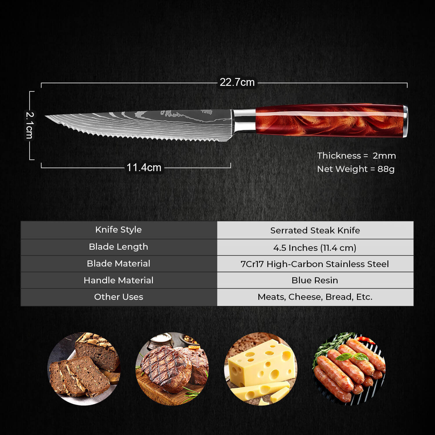 6-Piece Senken Knives Crimson Steak Knife Set Red Resin Handle Damascus Pattern Length & Materials