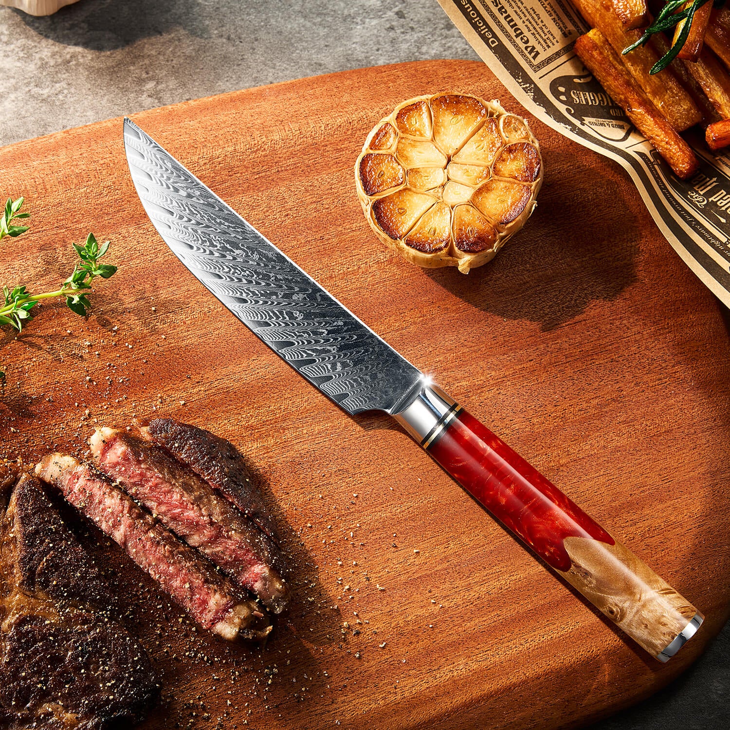 Tsunami Red Steak Knife on Cutting Board