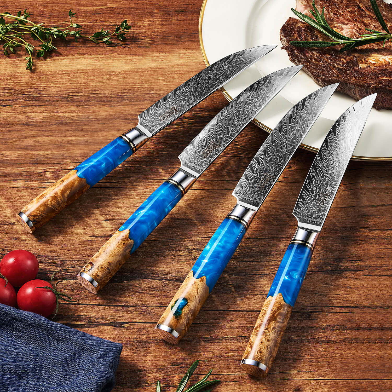 Damascus Steel Non-Serrated Steak Knives Tsunami Collection Blue Resin Handles Set of 4 in Kitchen