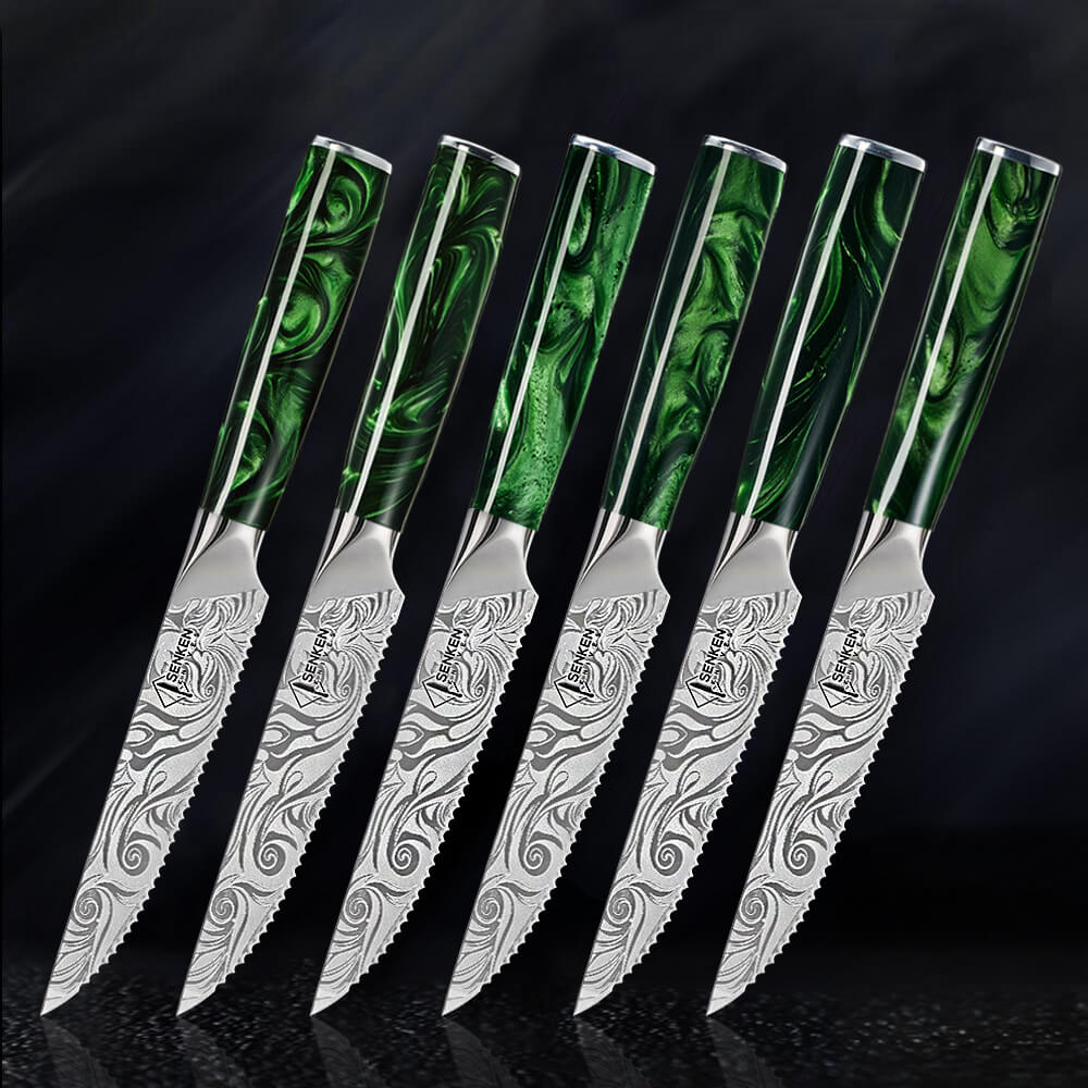 6 Piece Green Resin Wasabi Steak Knife Set with Engraved Blade Senken Knives Dark BG