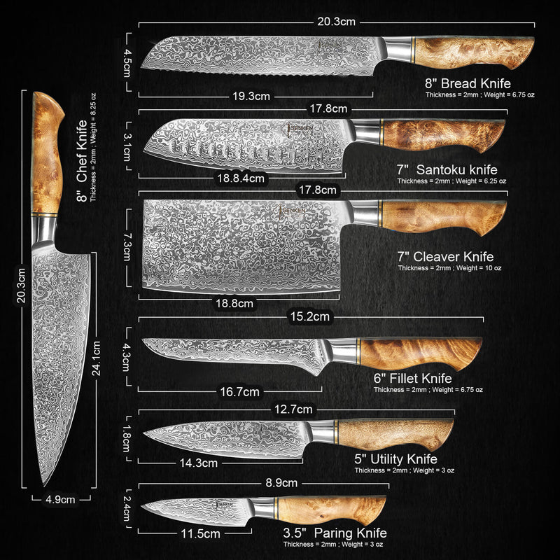 Dynasty Japanese Damascus Knife Set Sycamore Wood Handles Image 10