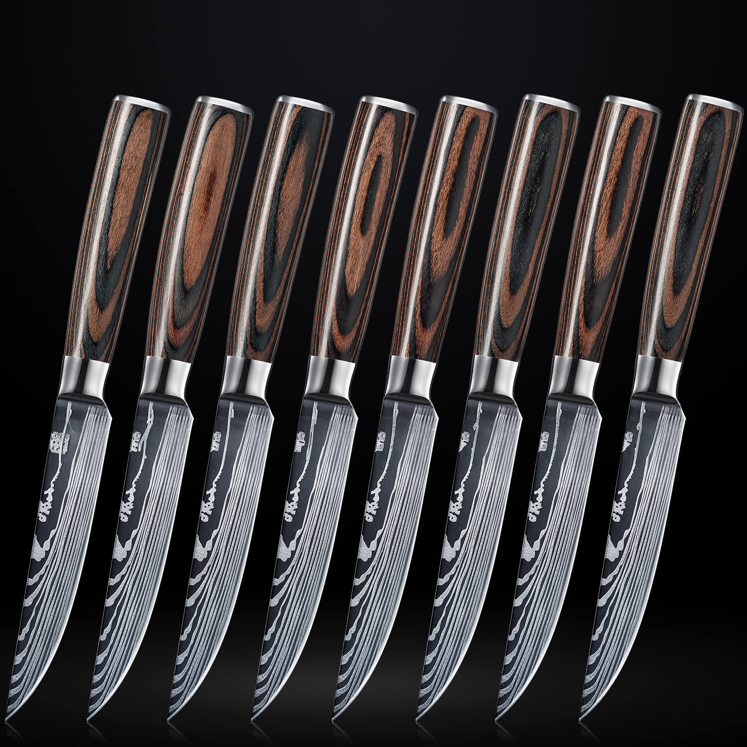 8-Piece Imperial Steak Knife Set Wood Handle Brown Senken Knives Damascus Pattern