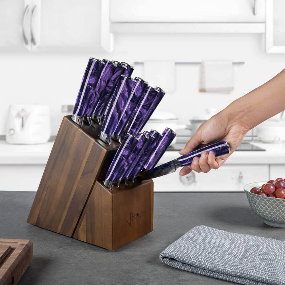 Purple Resin Knife Block Set Amethyst Collection in Kitchen Pulling out knife Senken Knives Damascus Pattern 16-Piece