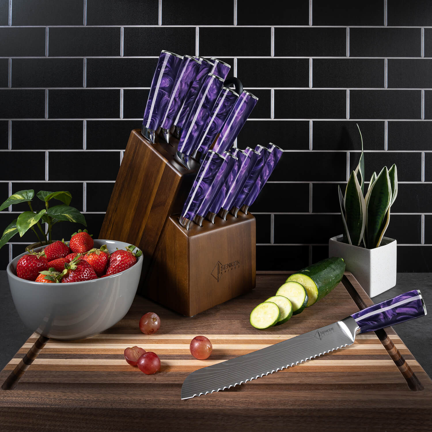 Purple Knife Block Set Handle Amethyst Damascus Pattern in Kitchen