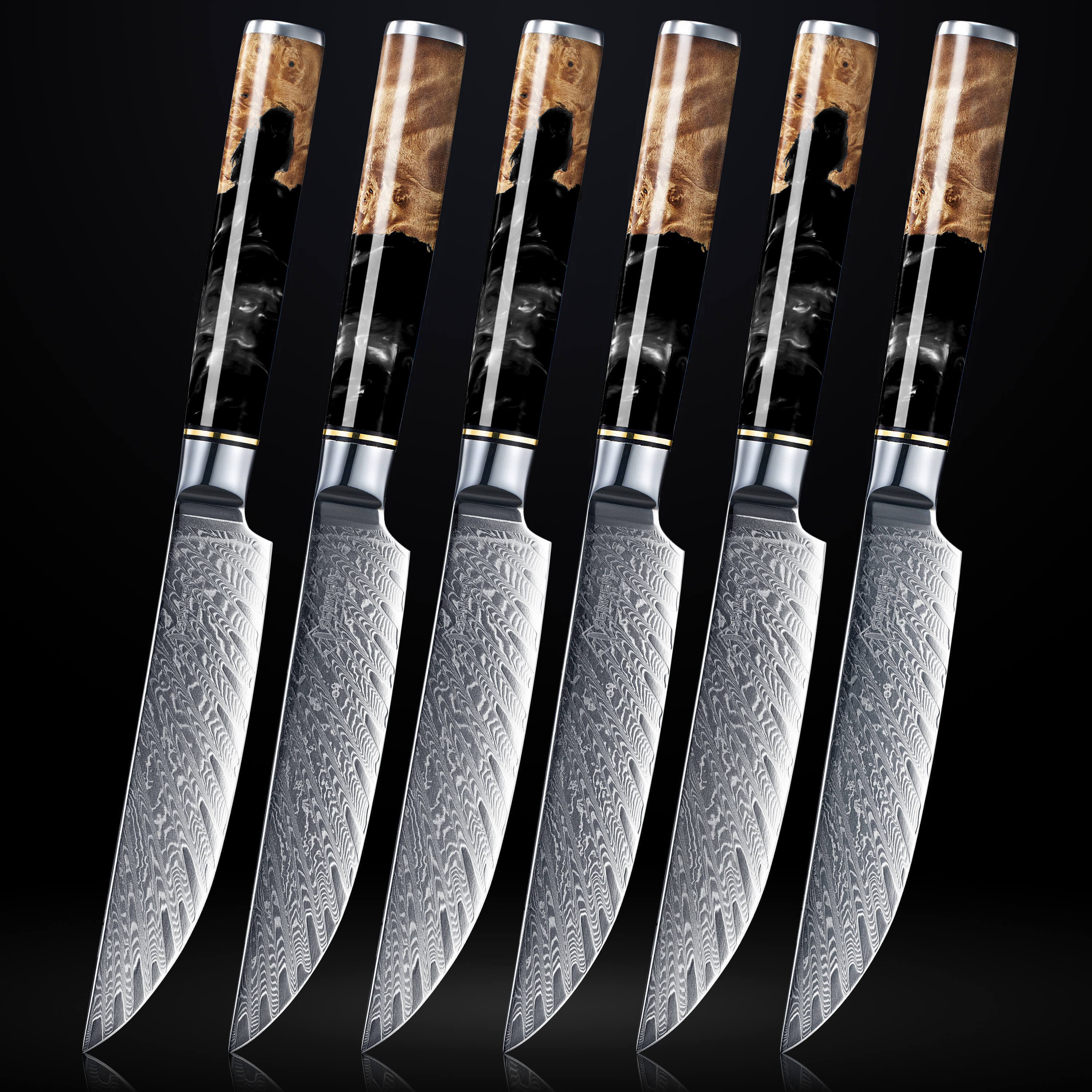 6-Piece Black Tsunami Steak Knife Set Damascus Steel Japanese VG10 Non-Serrated Senken Knives Main Image
