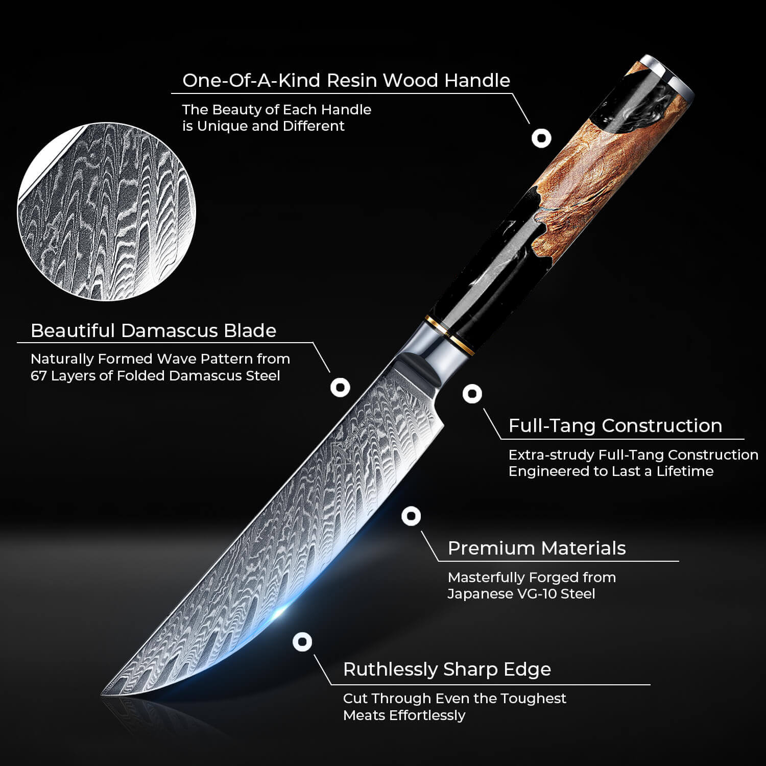 6-Piece Black Tsunami Steak Knife Set Damascus Steel Japanese VG10 Non-Serrated Senken Knives Info and Specs