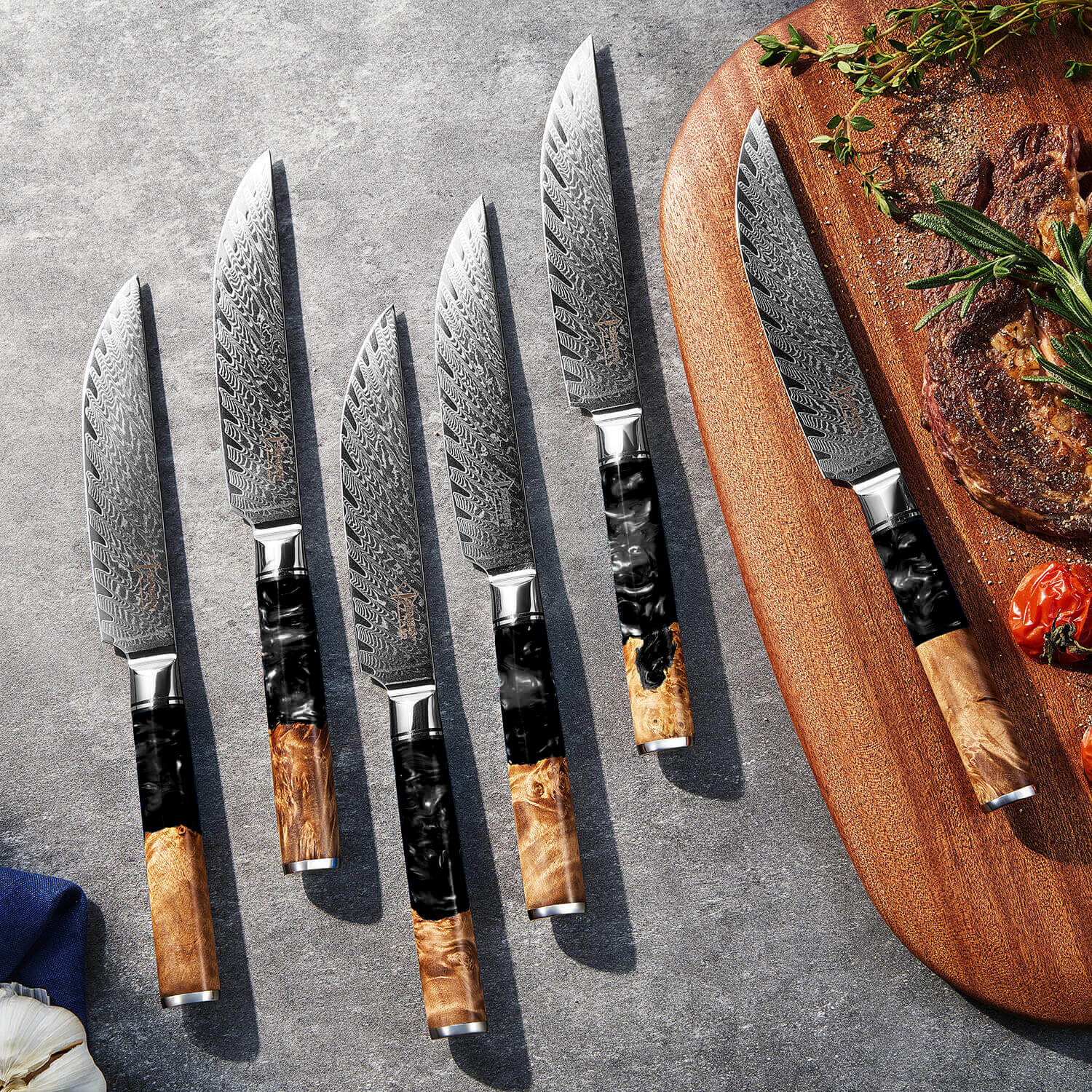 6-Piece Black Tsunami Steak Knife Set Damascus Steel Japanese VG10 Non-Serrated Senken Knives On Kitchen Counter