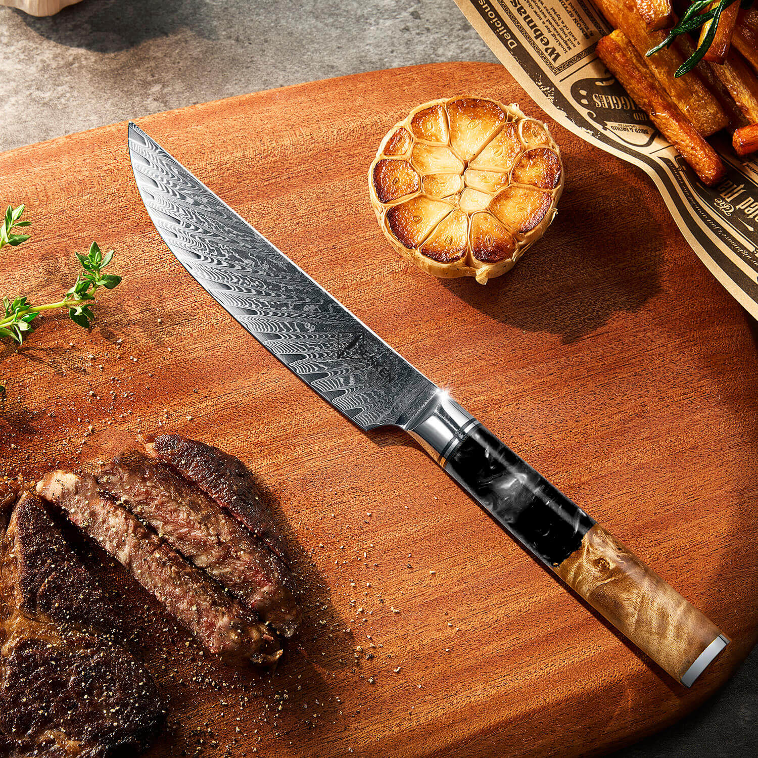 6-Piece Black Tsunami Steak Knife Set Damascus Steel Japanese VG10 Non-Serrated Senken Knives on Cutting Board with Meat