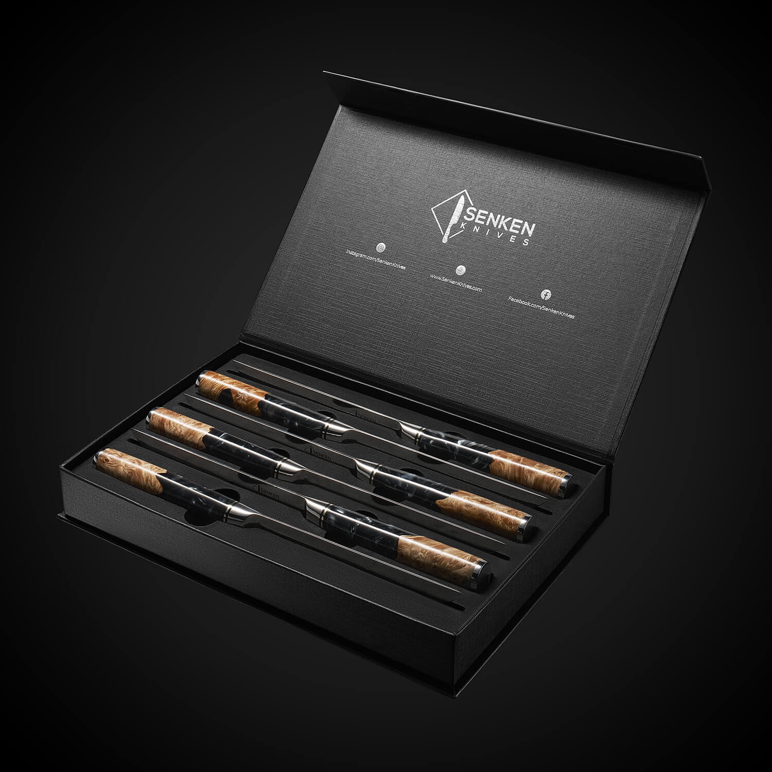 Set of six knives in a black box with 'Senken Knives' branding on a dark background