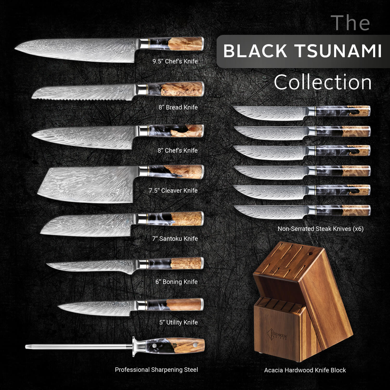 Senken Black Tsunami Collection Japanese Knife Set What's Included