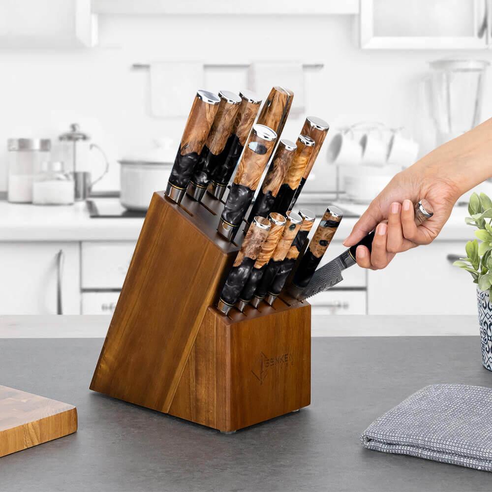 Black Tsunami Knife Block Set on Kitchen Counter in Light Setting