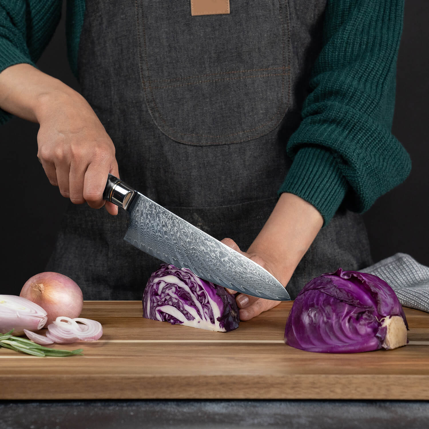Black Tsunami 8 Inch Chef Knife Cutting Vegetables