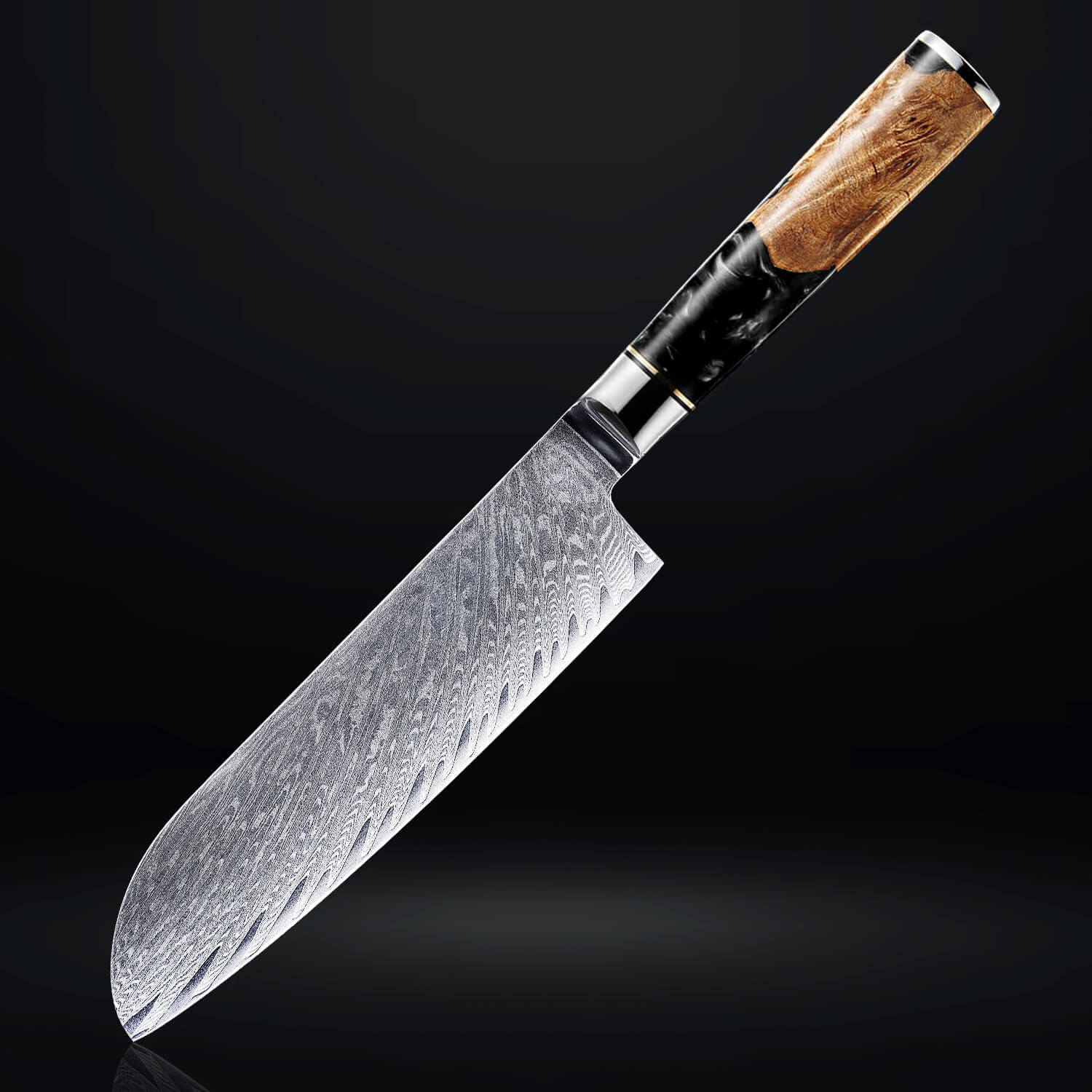 Black Tsunami Damascus Steel Santoku Knife Japanese VG10 Black Resin Handle 67-Layer 7" Blade