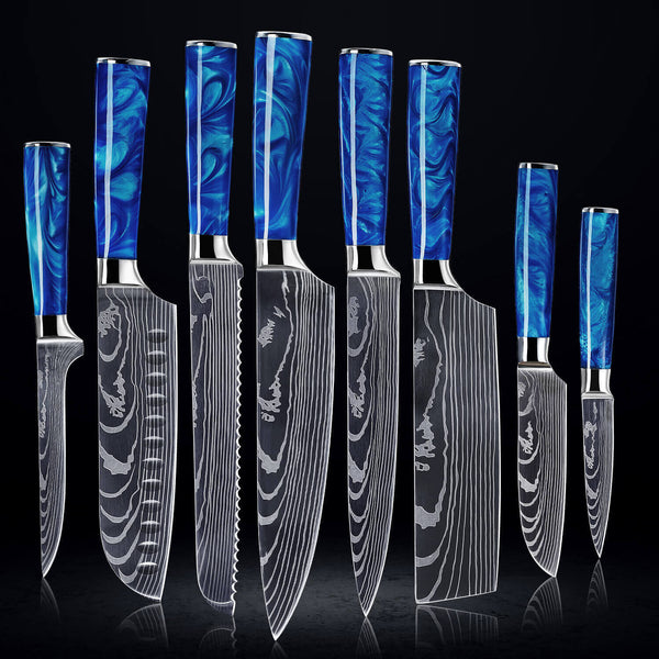 Ceramic Knife Set with sold Blue Floral Prints on handles