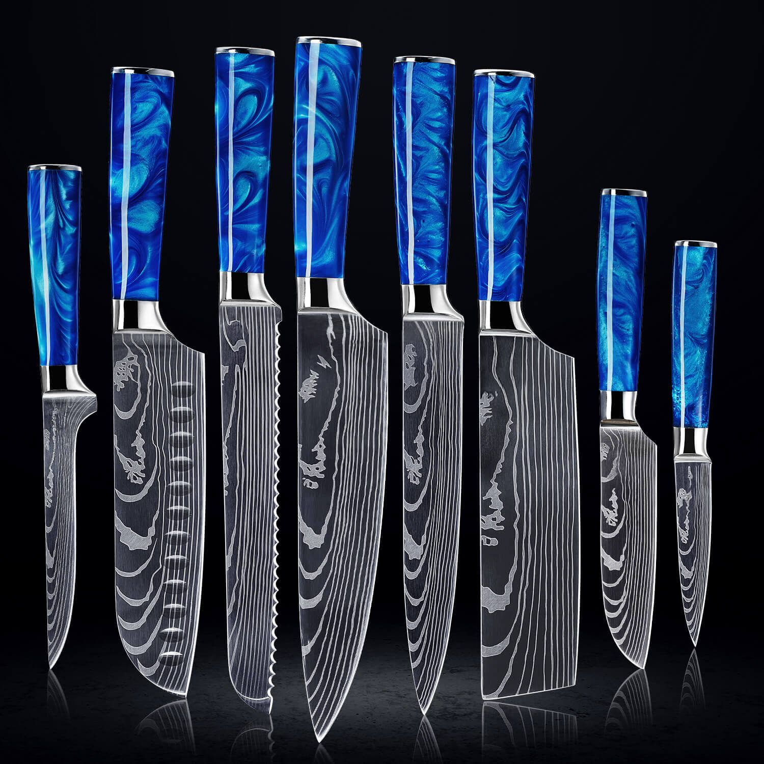 Cerulean Blue Damascus Pattern Knife Block Set 8-Piece Chef Knives