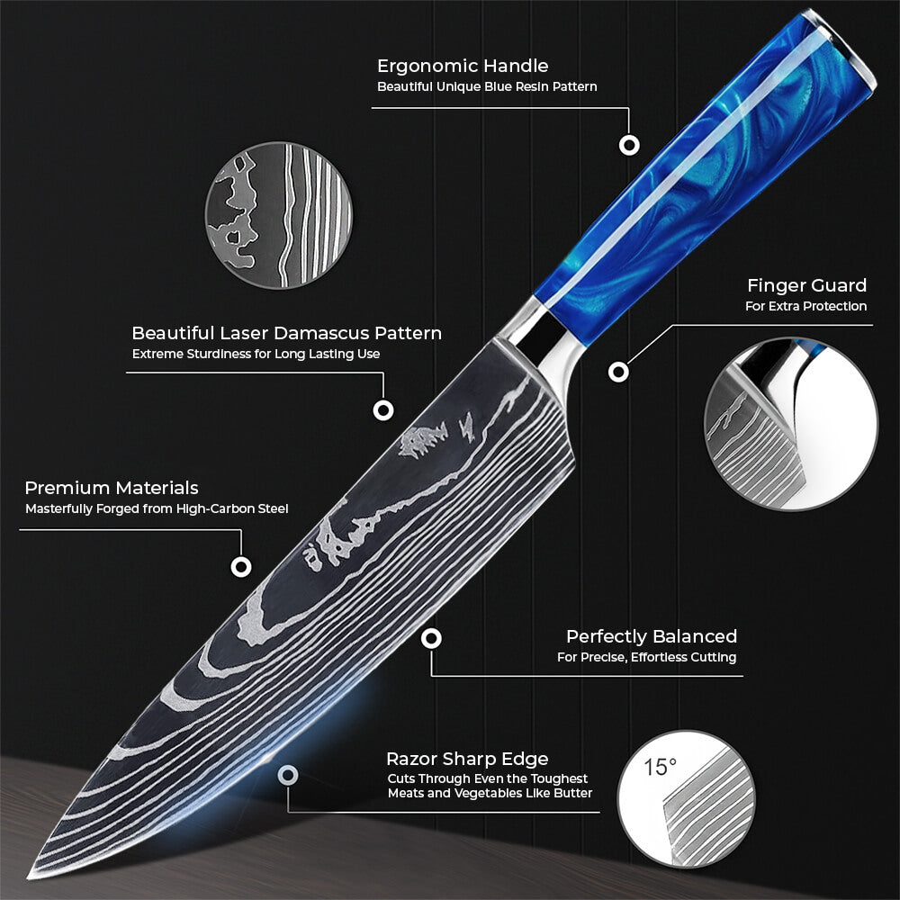 Senken Knives Cerulean Blue Resin Chef Knife Infographic