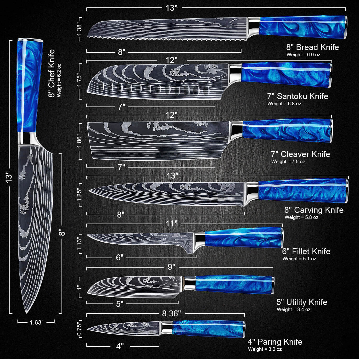 Blue Resin 8 Piece Knife Set Damascus Pattern Senken Knives Measurements