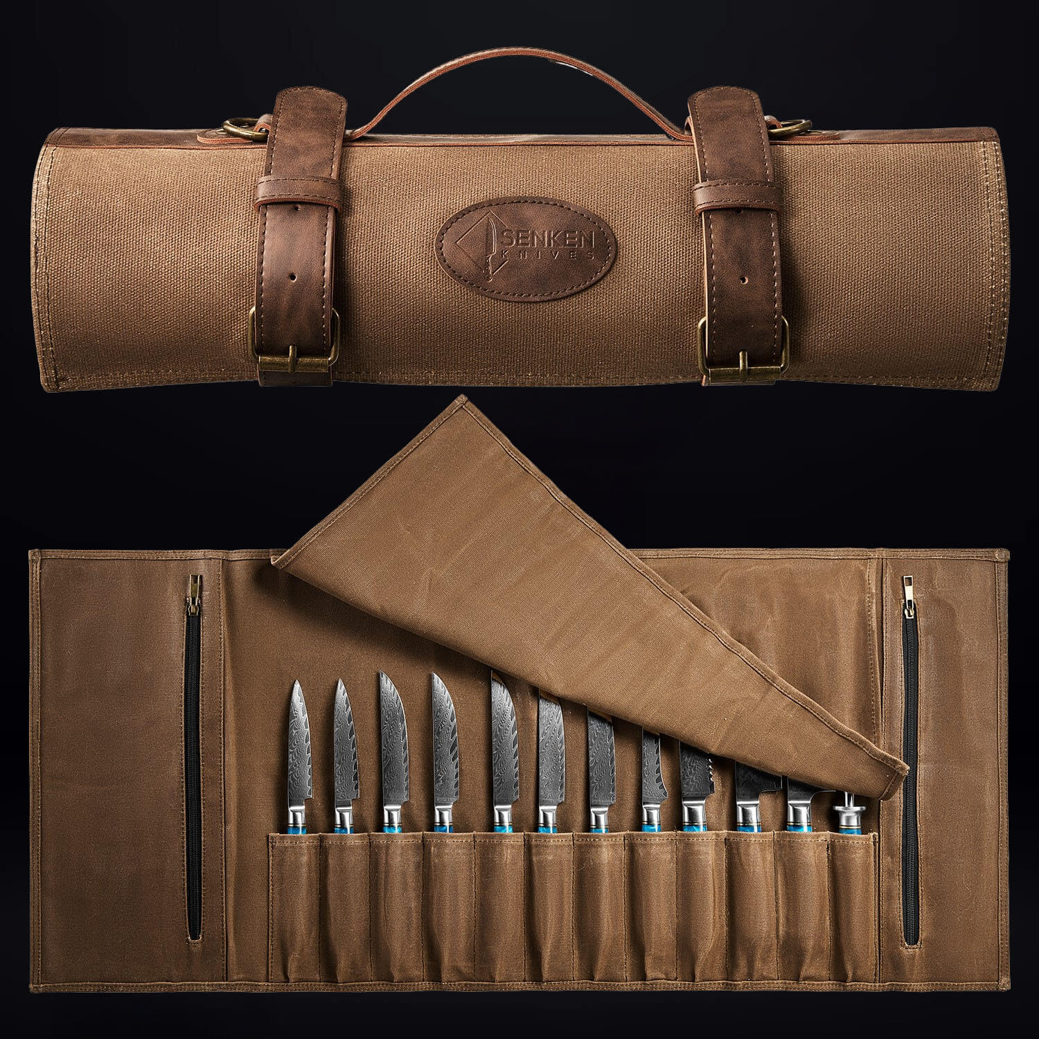 Senken Knives Chef Roll Bag Open and Closed Views