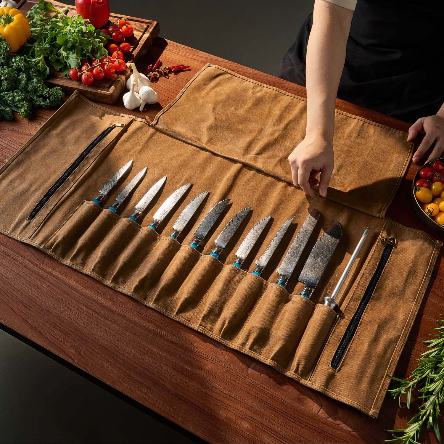 Chef Roll Bag Brown Leather Rolled out on Kitchen Counter with Tsunami Knife Collection