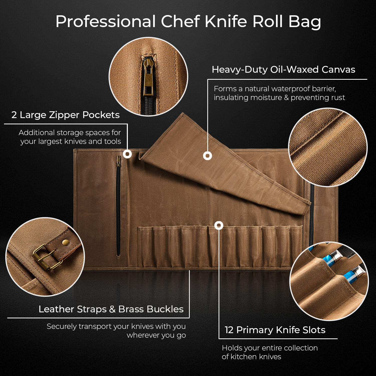 Professional Chef Knife Roll Bag from Senken Knives Dark Brown Oil-Waxed Canvas
