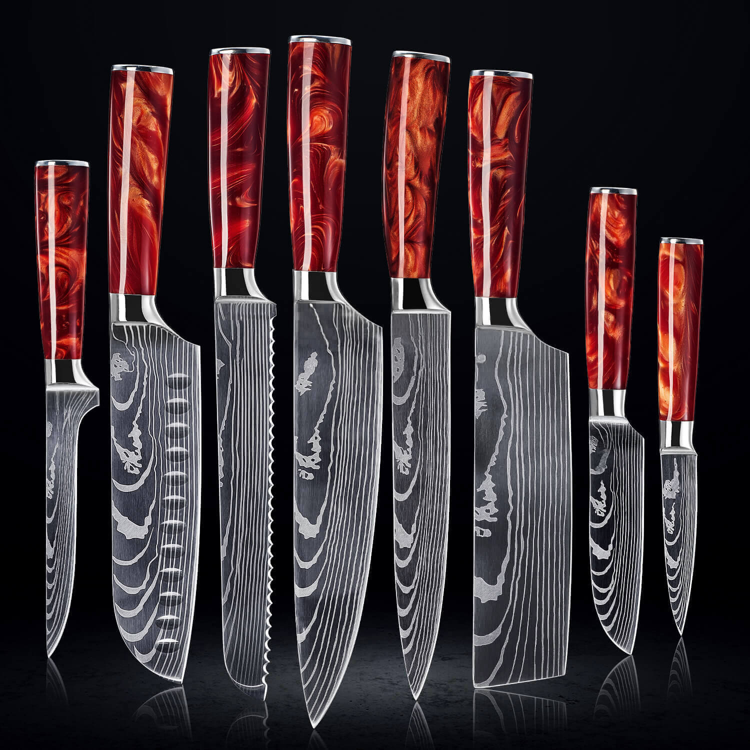 Red Resin Handle Kitchen Knife Set 8-Piece Damascus Blades Senken Knives Crimson