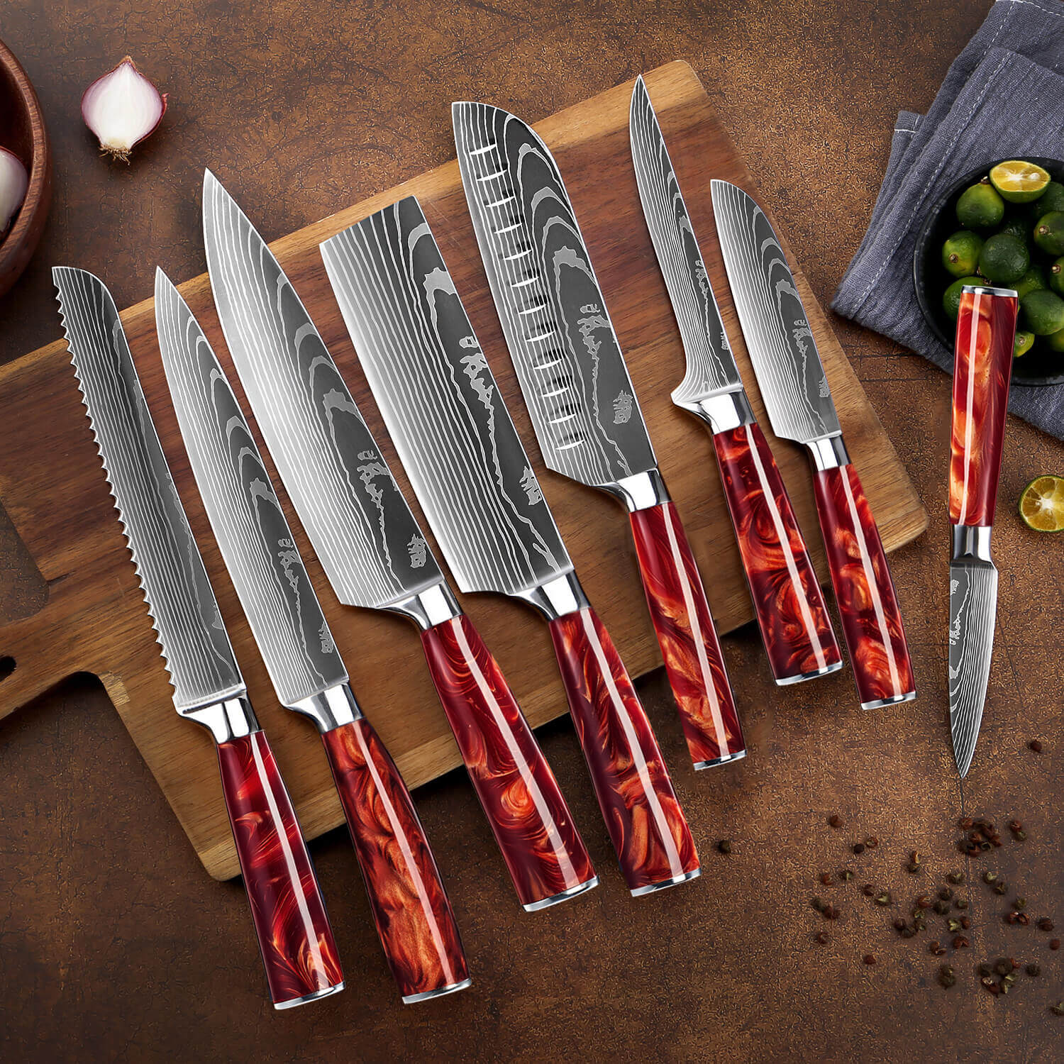 Crimson Red 8-Piece Knife Set Damascus Pattern on Kitchen Cutting Board