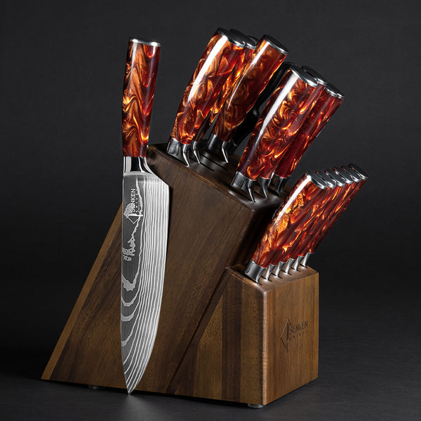 Crimson Red 16-Piece Japanese Knife Block Set with Damascus Pattern and Red Resin Handles