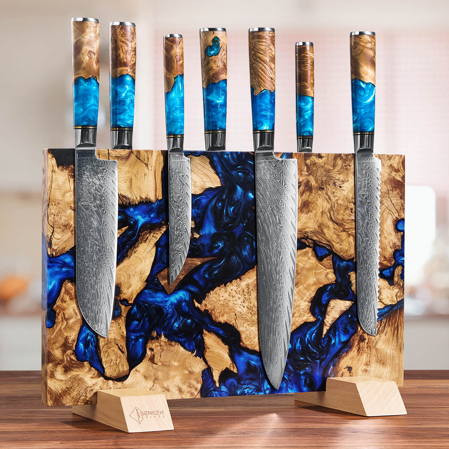 Dark Blue Magnetic Knife Block Resin Burl Wood Senken Knives Dark Tsunami Collection