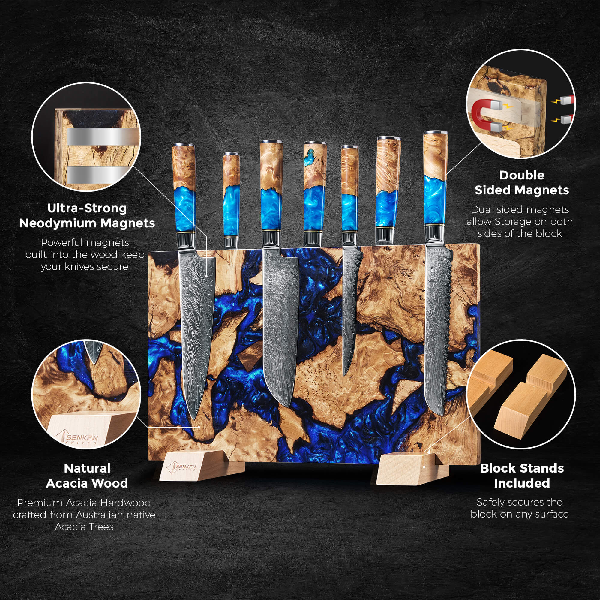 Knife block with knives embedded, featuring natural acacia wood and blue resin, on a dark background.