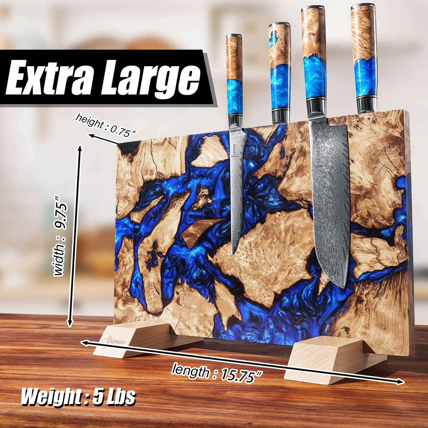 Wooden magnetic knife block with blue resin design and knives on a wooden surface