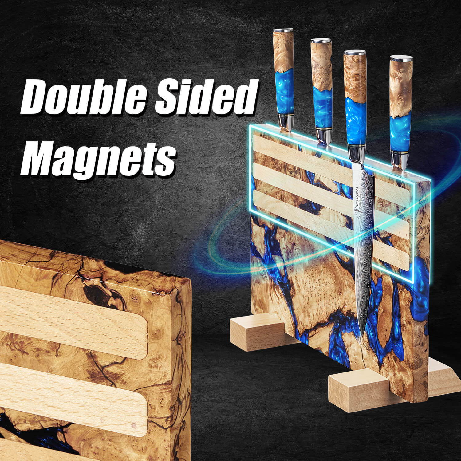 Double-sided magnets with wooden and blue epoxy design on a black background