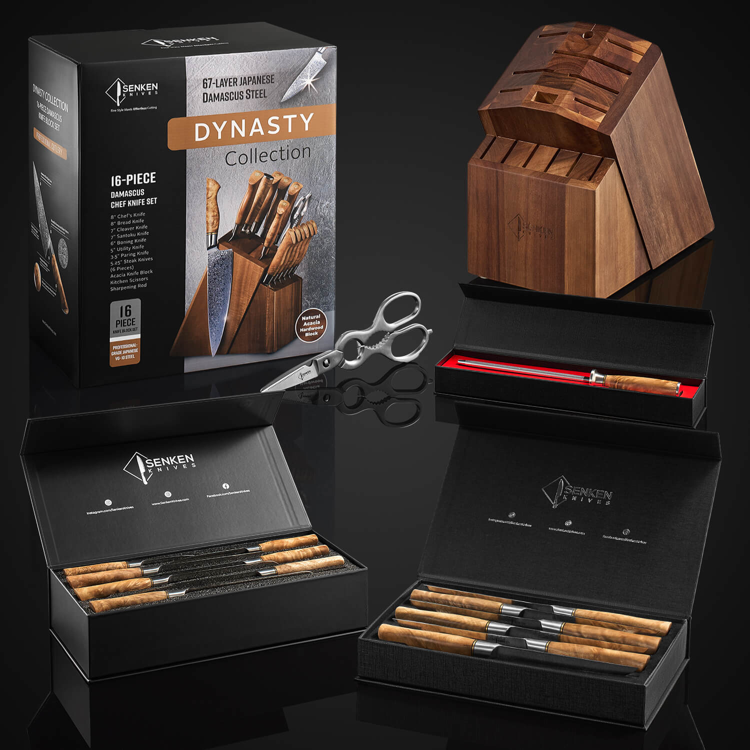 Sennek Dynasty Collection knife set with packaging a black background