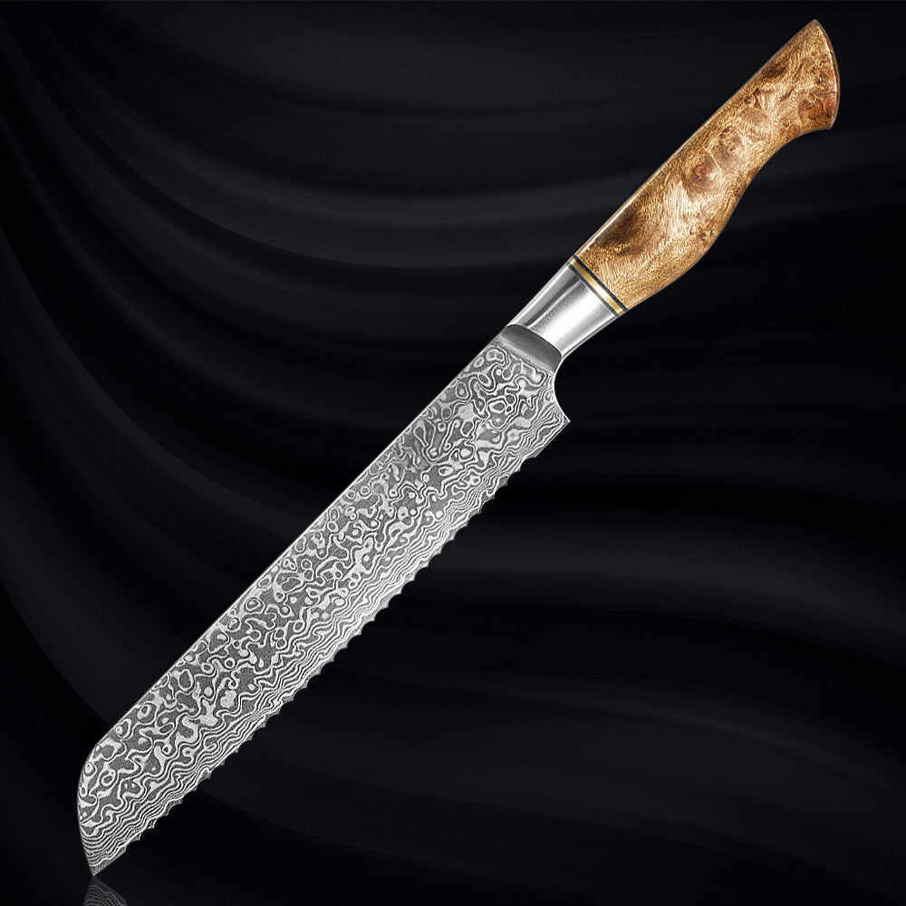 Dynasty Damascus Steel 8" Bread Knife Japanese VG10 Steel Sycamore Wood Handle Senken Knives Dark