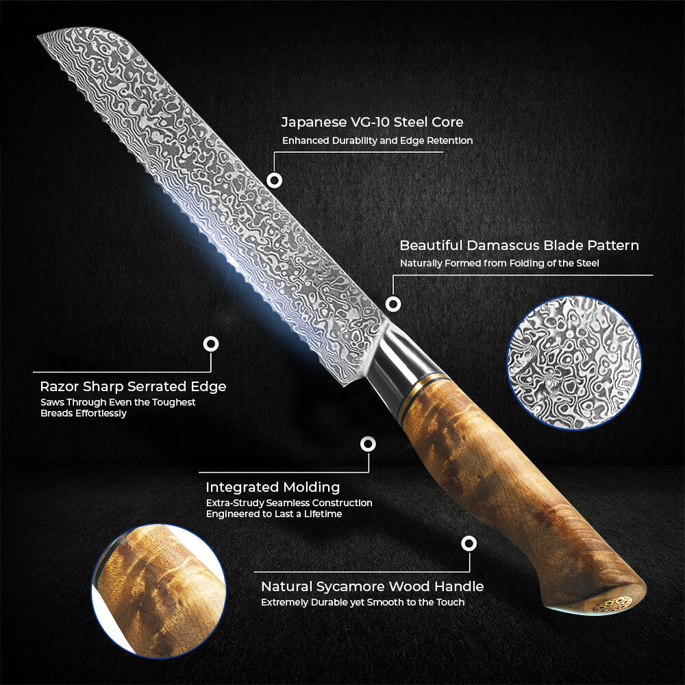 Dynasty Damascus Bread Knife Senken Knives Measurements and Handle Material