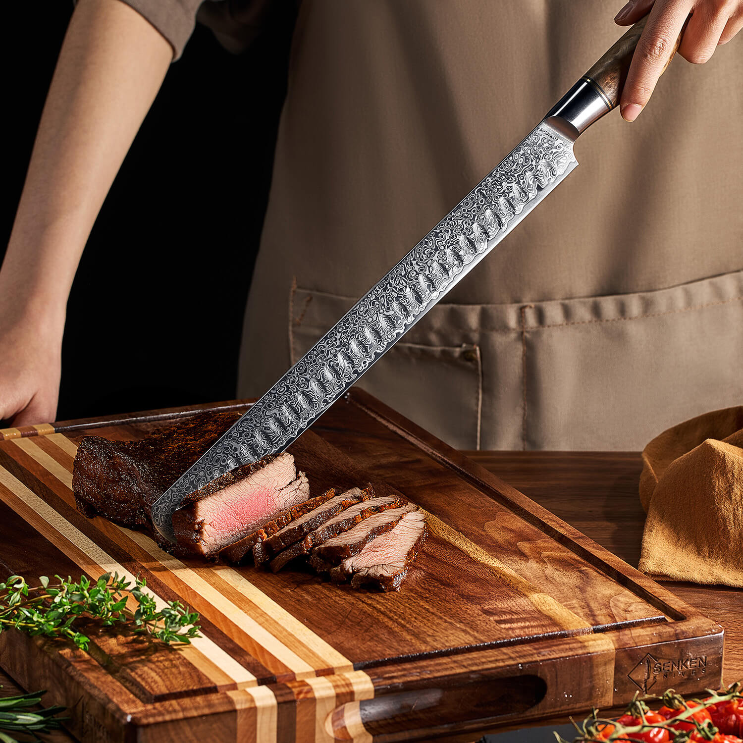 Dynasty 12" Brisket Knife — Japanese VG10 Damascus Steel with Sycamore Wood Handle