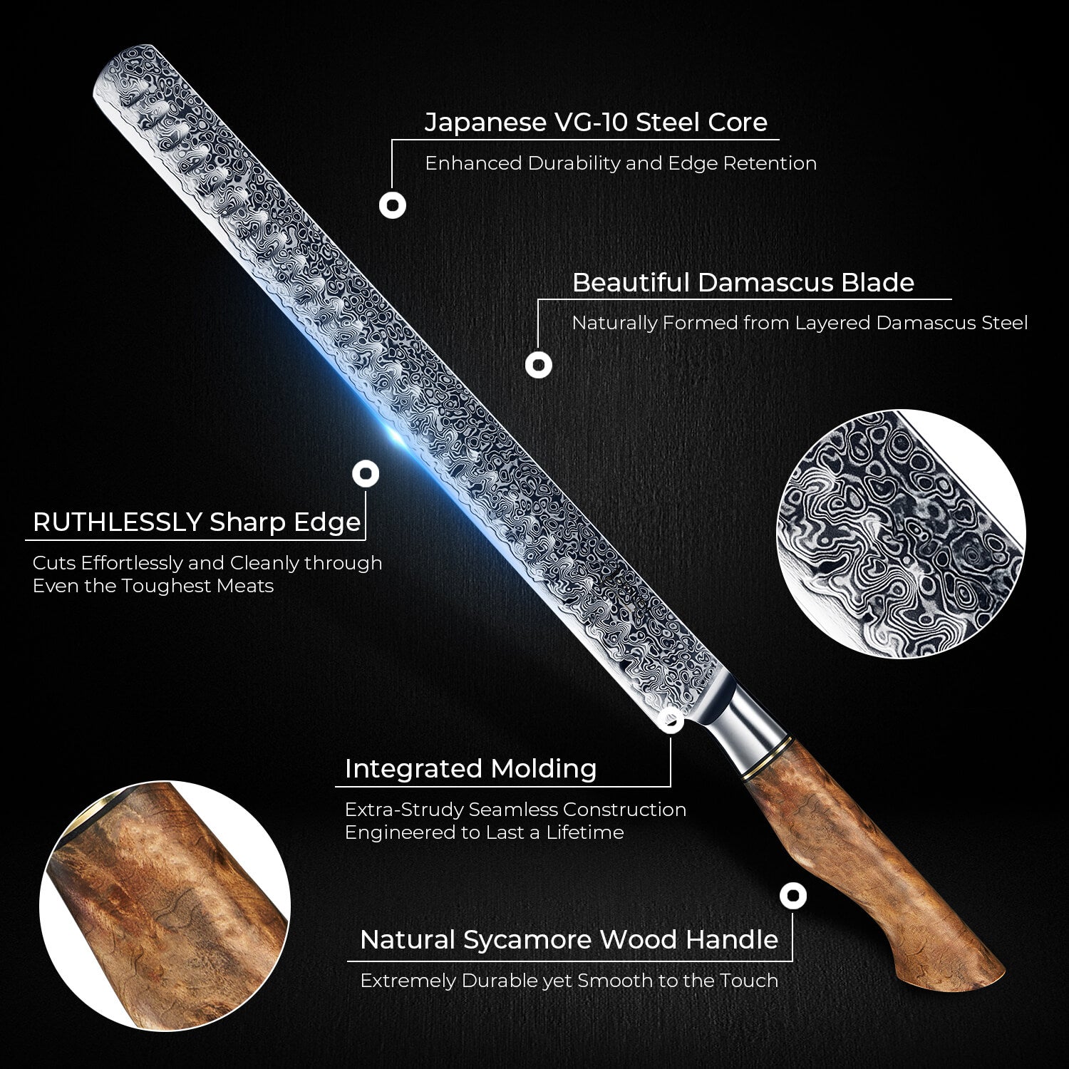 Dynasty 12" Brisket Knife — Japanese VG10 Damascus Steel with Sycamore Wood Handle