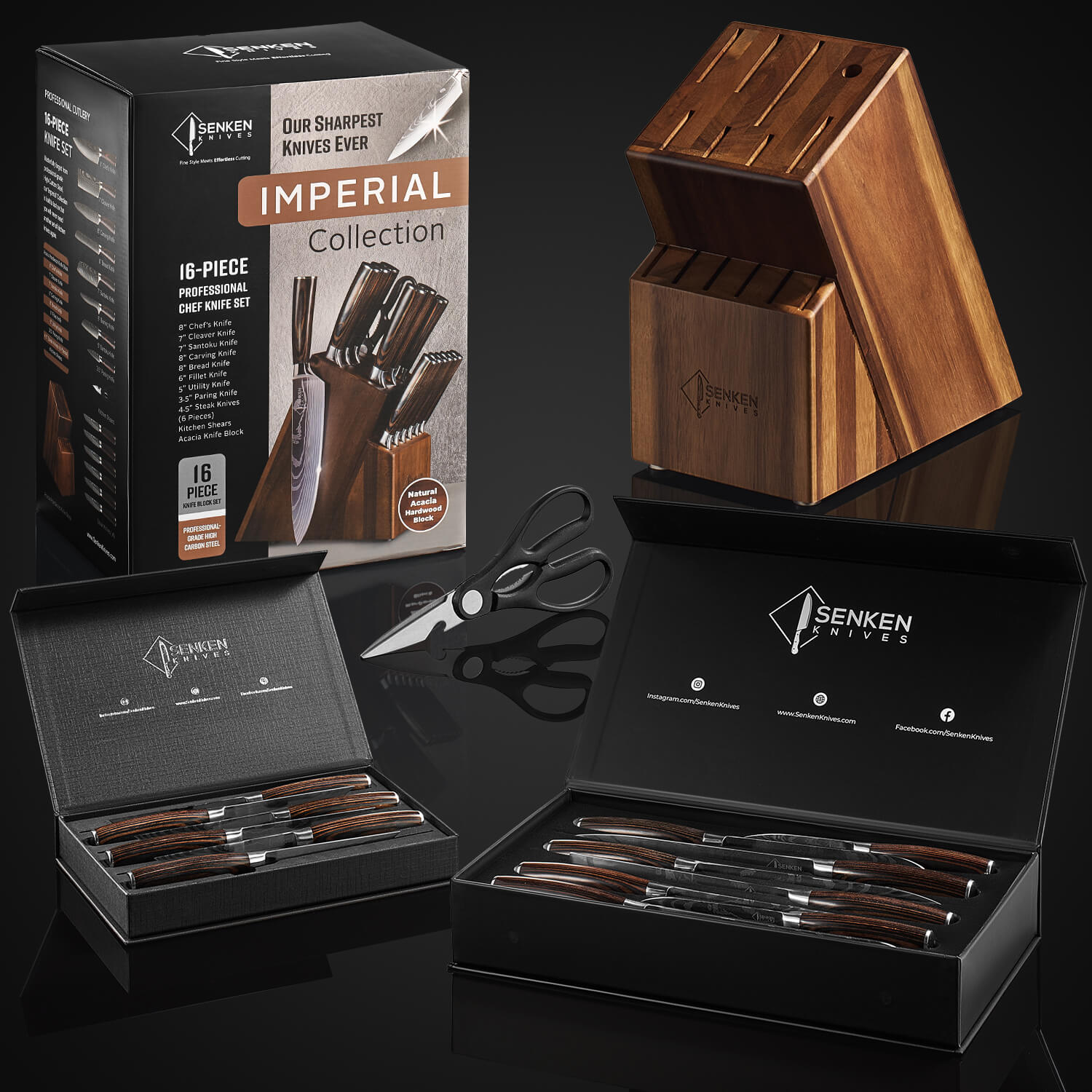 Senken Imperial Collection knife set with packaging and wooden block on a reflective surface