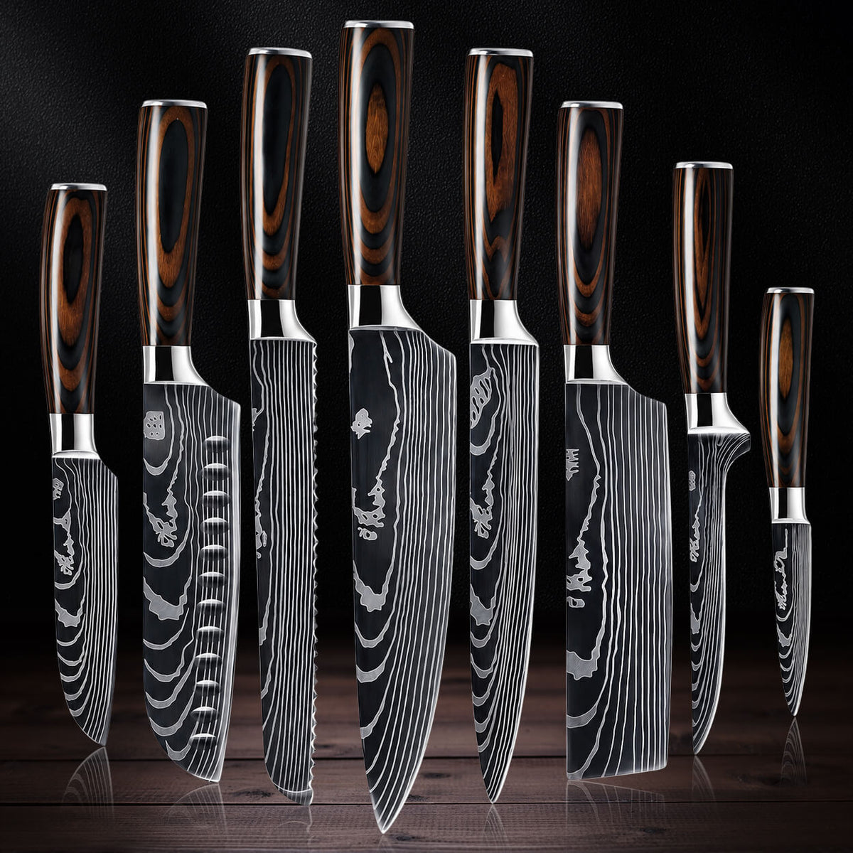 A set of kitchen knives with dark wood handles and Damascus steel blades, arranged upright on a dark reflective surface against a black background.