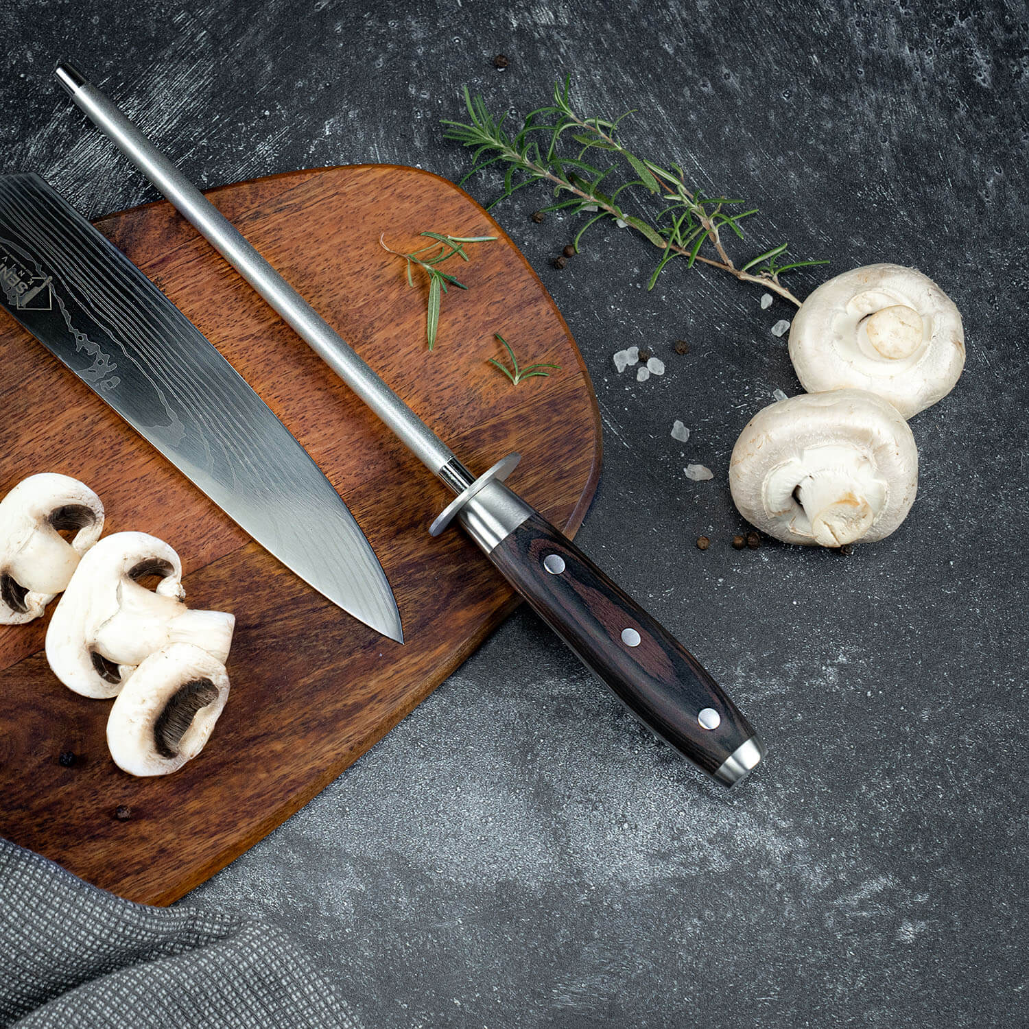 Imperial Professional Knife Sharpening Steel by Senken Knives Emery Rod Pakka Wood Handle Lifestyle Image in Kitchen