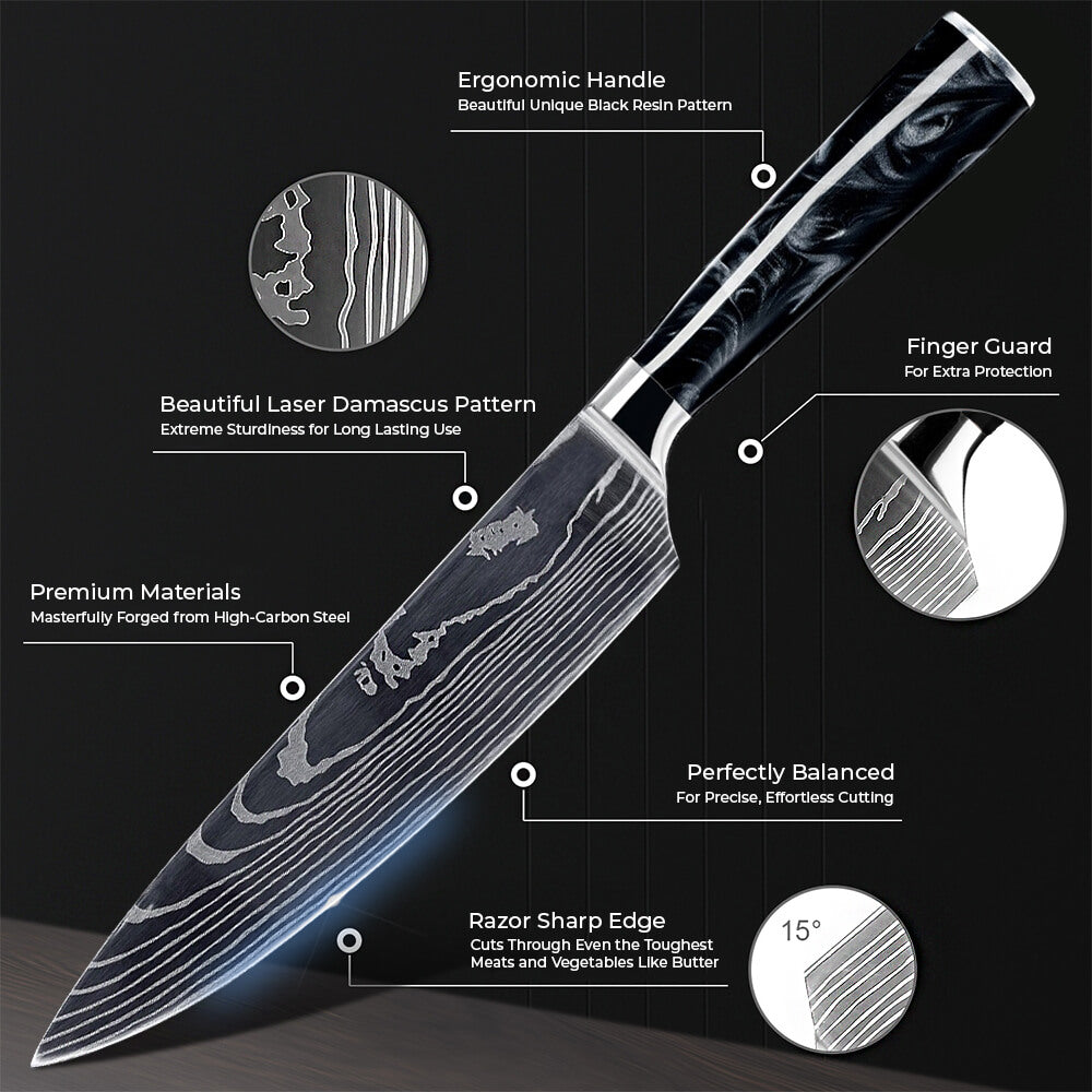 Onyx Black Resin 8-Piece Kitchen Knife Set Damascus Pattern Senken Knives Infographic