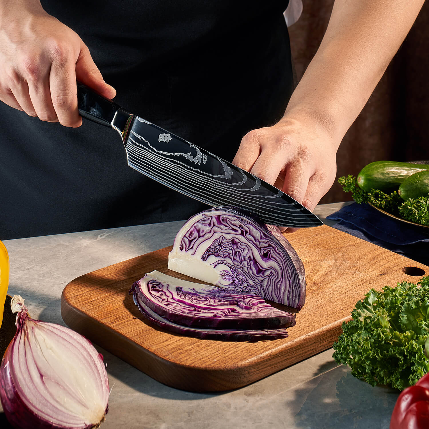 Onyx Black Resin 8-Piece Kitchen Knife Set Damascus Pattern Senken Knives Cutting Vegetables