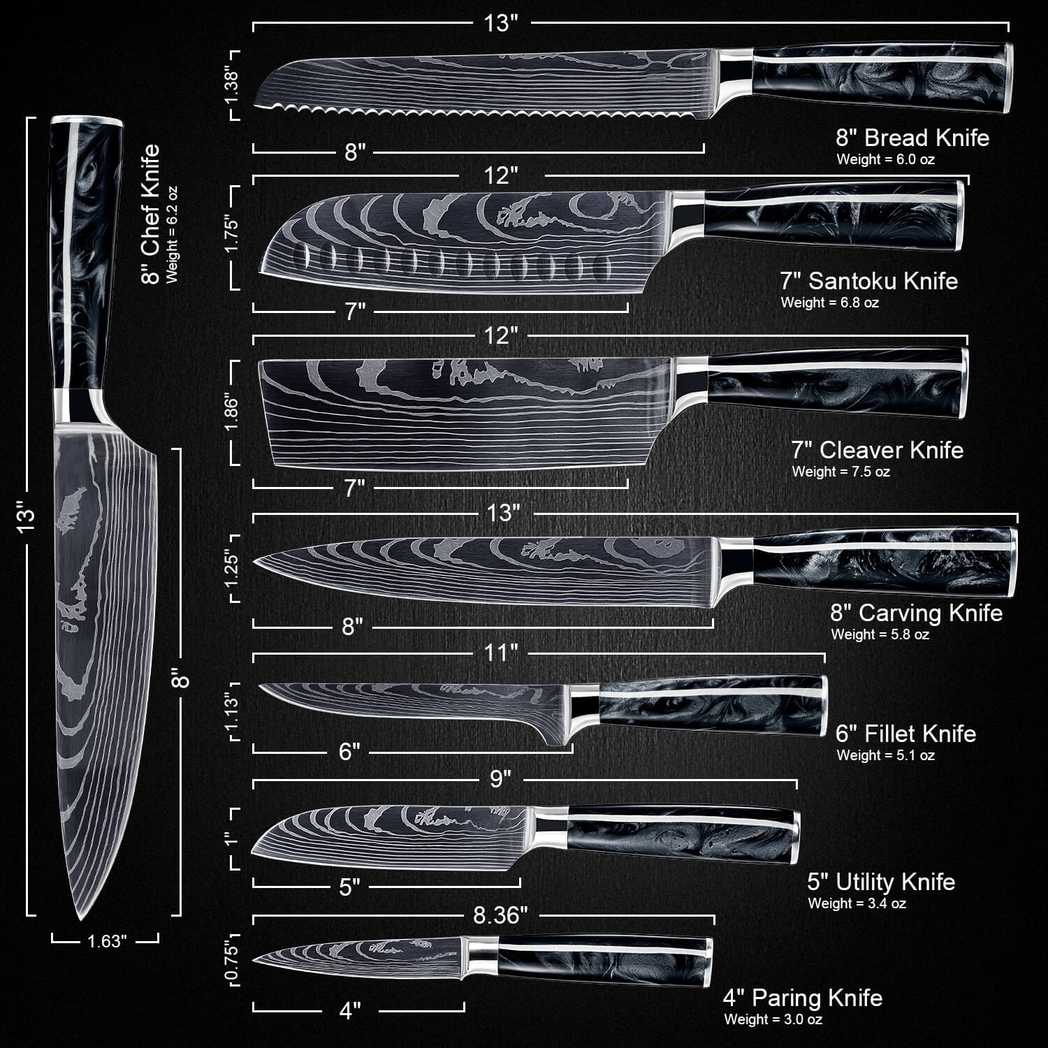 Onyx Black Resin 8-Piece Kitchen Knife Set Damascus Pattern Senken Knives Dimensions Measurements Length