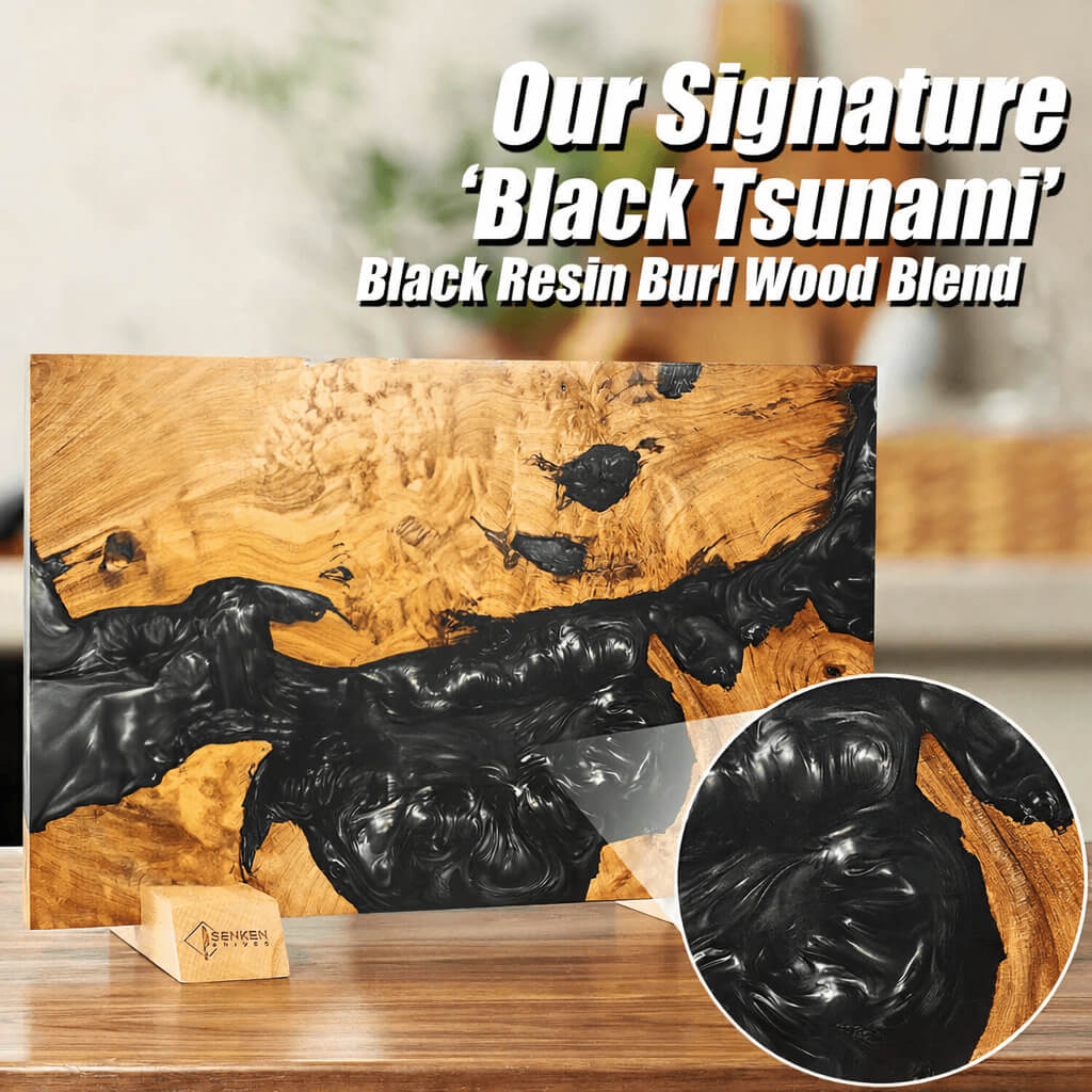 Black Resin Burl Wood Blend with 'Black Tsunami' design on a wooden surface.