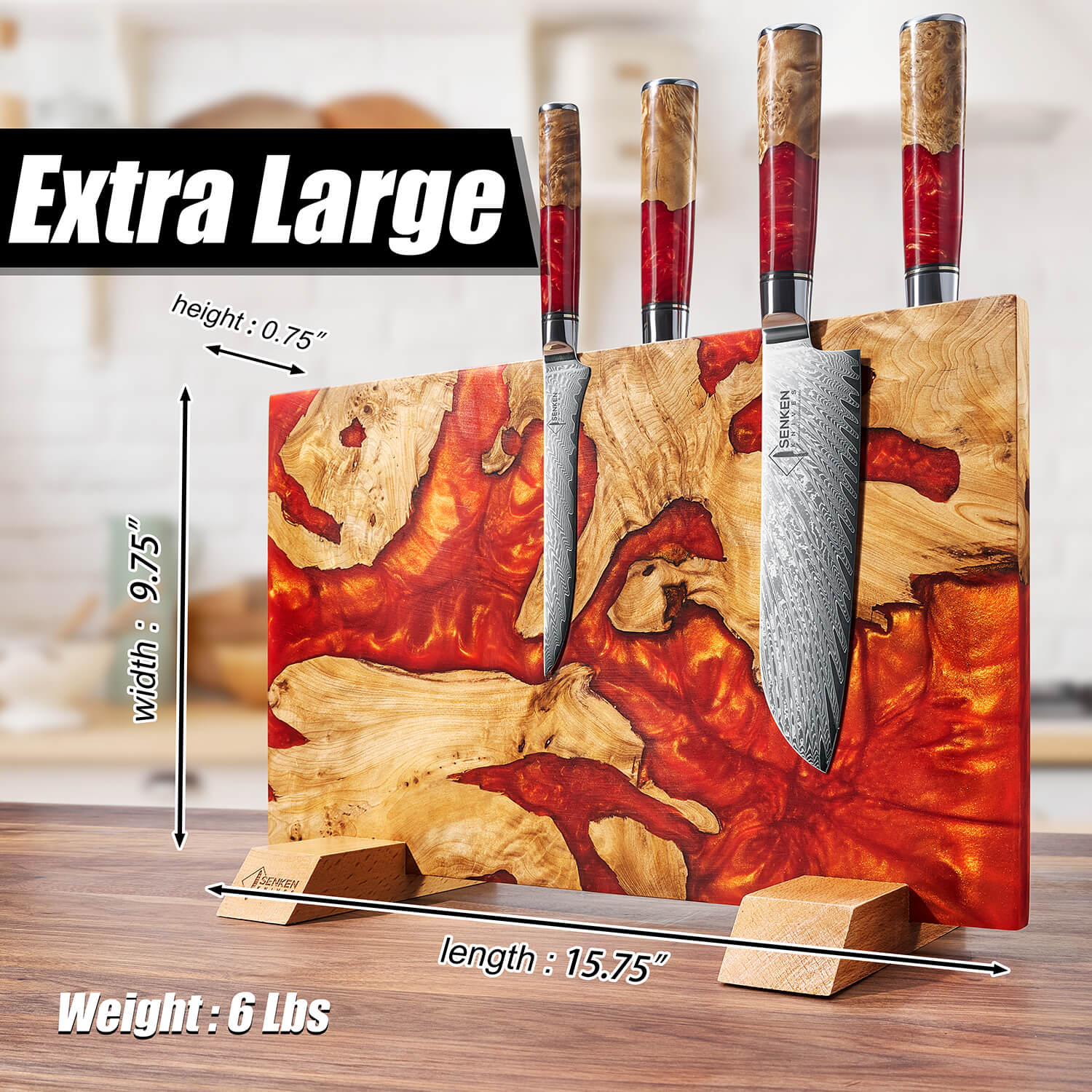 Red Tsunami — Extra Large Magnetic Knife Block, Red Resin Burl Wood
