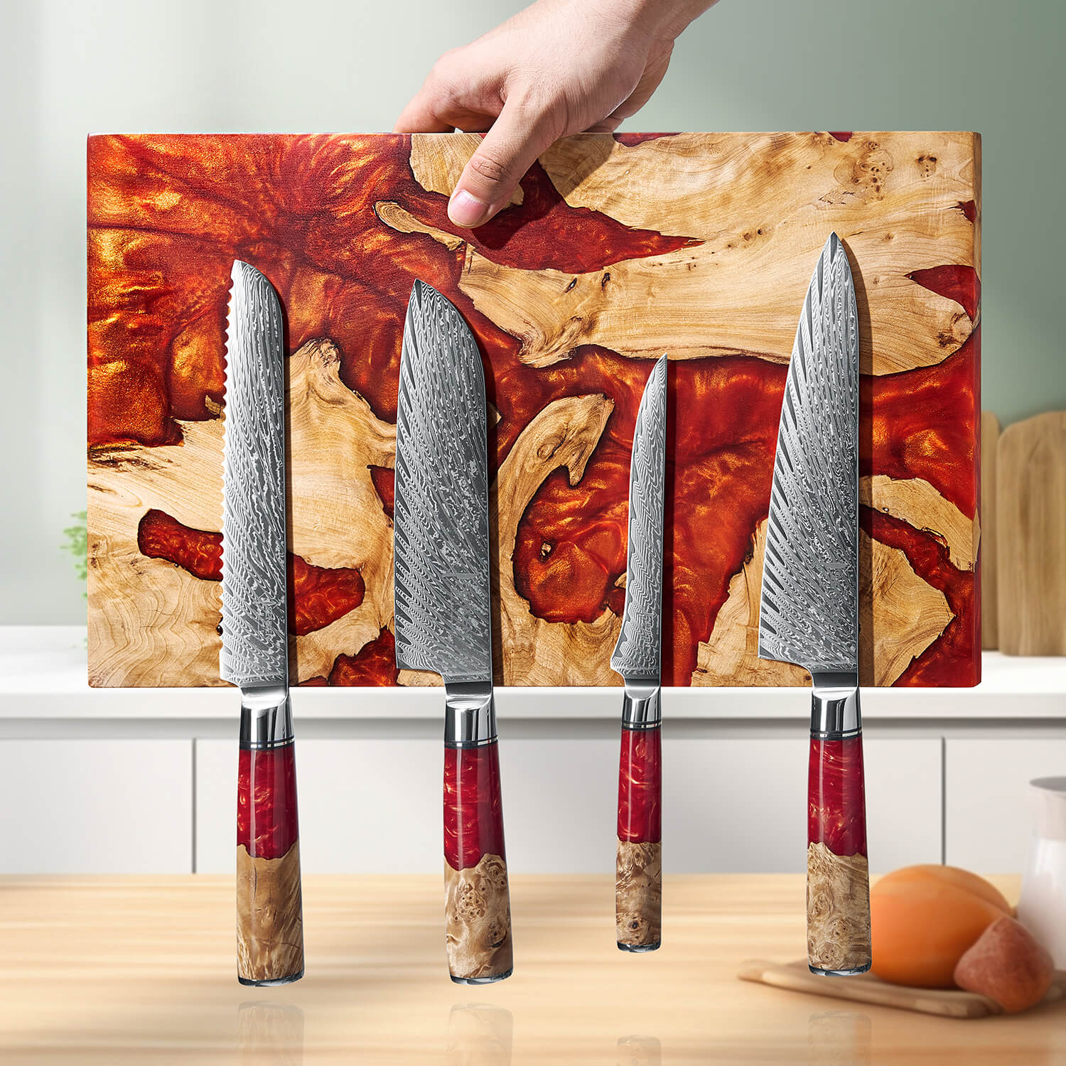 Red Tsunami — Extra Large Magnetic Knife Block, Red Resin Burl Wood