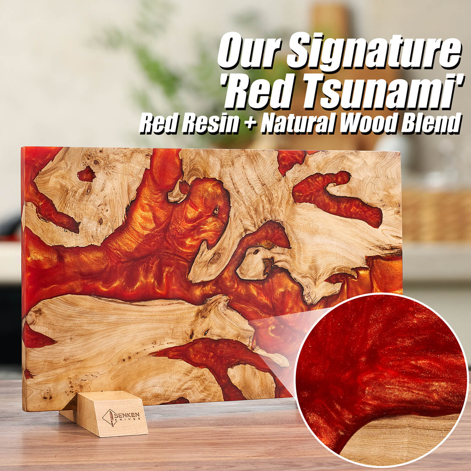 Red Tsunami — Extra Large Magnetic Knife Block, Red Resin Burl Wood