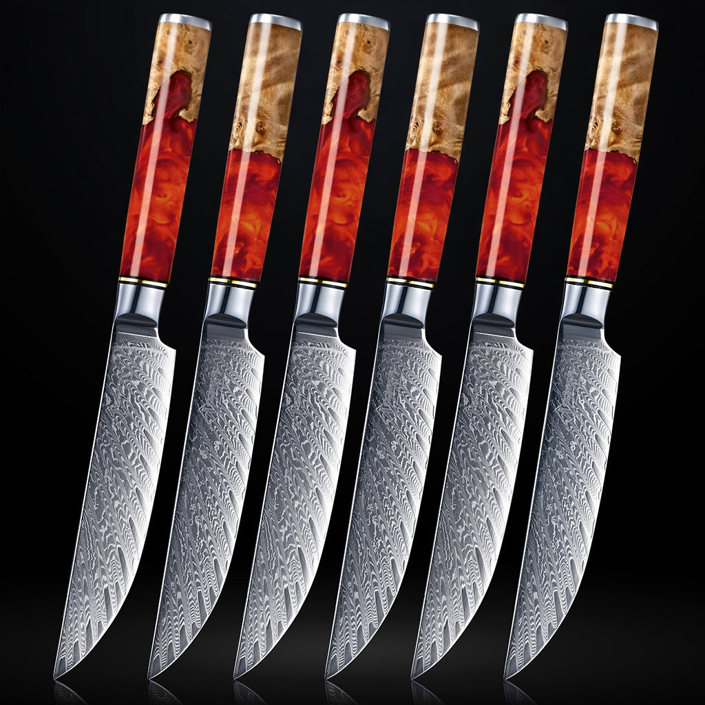 Tsunami Steak Knife Set — Japanese VG10 Damascus Steel with Blue Resin Burl Wood Handles